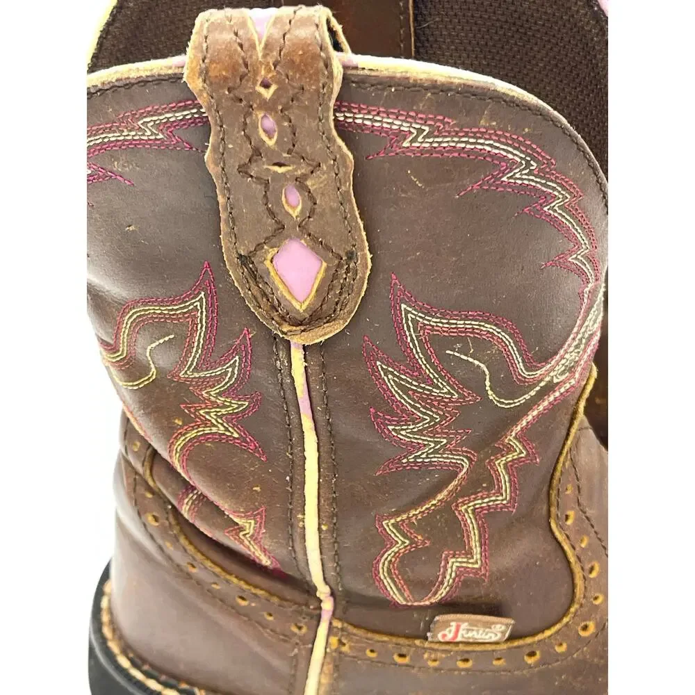 Justin Gypsy L9903 Girls Brown w/ Pink Trim Cowboy Western Boots Size 6